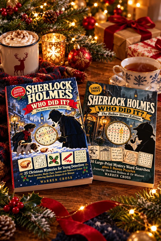 Two Sherlock Holmes: Who Did It? books on a table beside a Christmas tree and presents